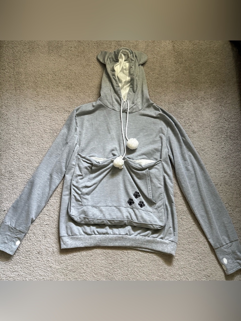 Women's Cat Light Gray Hooded Pullover Sweater with Pom-Pom Drawstrings